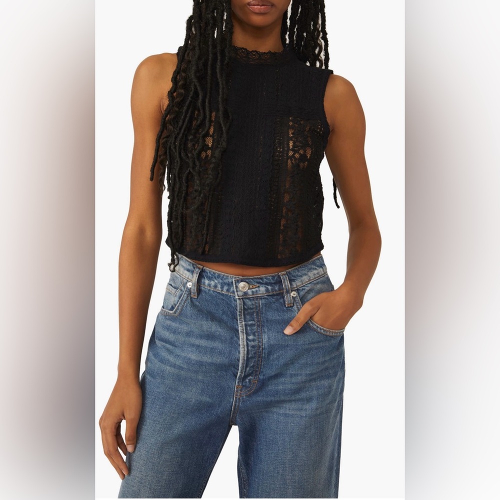 Free People Tea Party Elegant Crop Black Lace Tank M